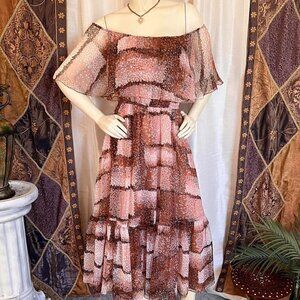intage Custom Made Warm Toned Off Shoulder Chiffon & Crepe Dress